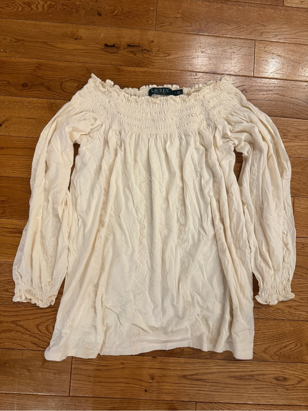 Ralph Lauren Cream Smocked Off-the-Shoulder Long Sleeve Top – Size S
